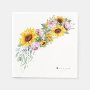 Watercolor Pink Peonies & Sunflower Bridal Shower Napkins