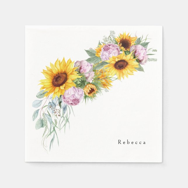 Watercolor Pink Peonies & Sunflower Bridal Shower Napkins (Front)