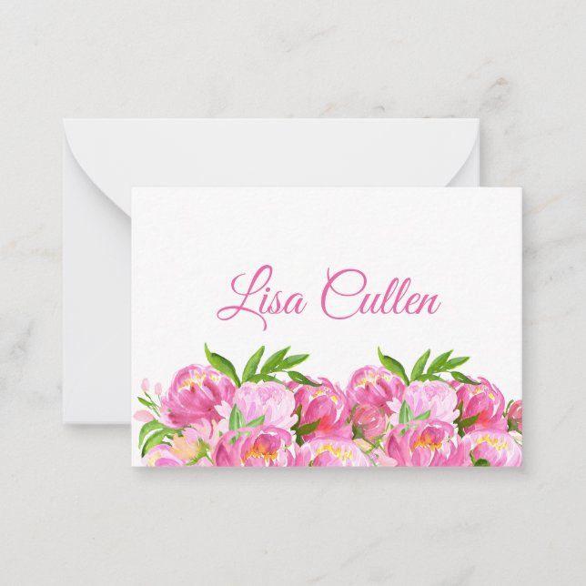 Watercolor Pink Peonies Thank You Script Note Card (Front)