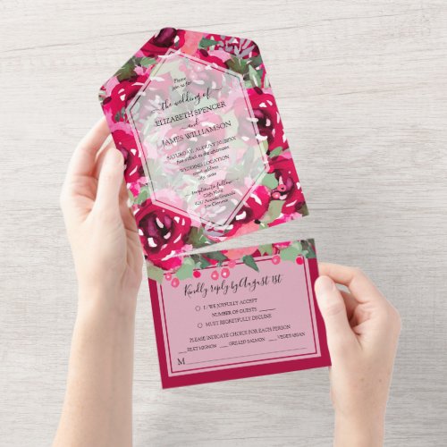 Watercolor Pink Peonies Wedding All In One Invitation