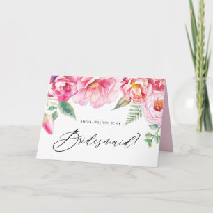 Watercolor Pink Peonies Will You Be My Bridesmaid Card