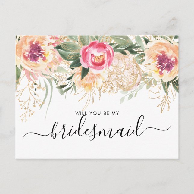 Watercolor Pink Peonies Will You Be My Bridesmaid Postcard (Front)
