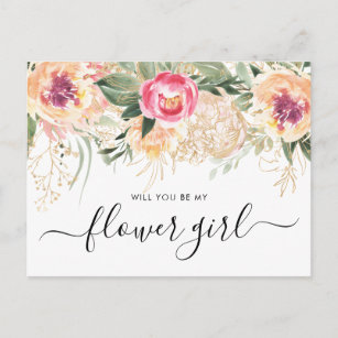 Watercolor Pink Peonies Will You Be My Flower Girl Postcard