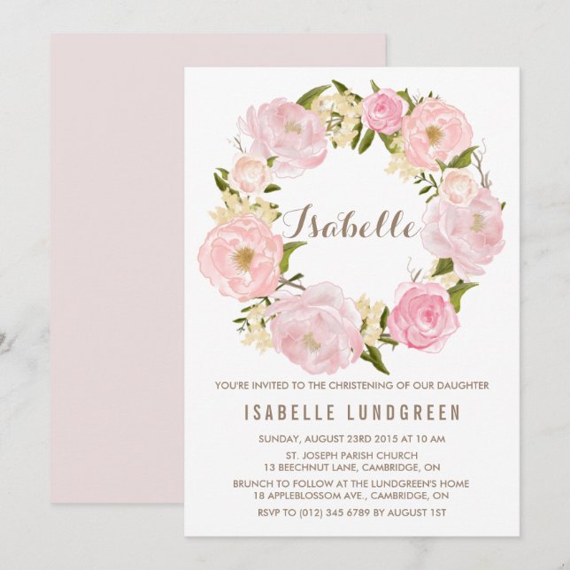 Watercolor Pink Peonies Wreath Christening Invitation (Front/Back)