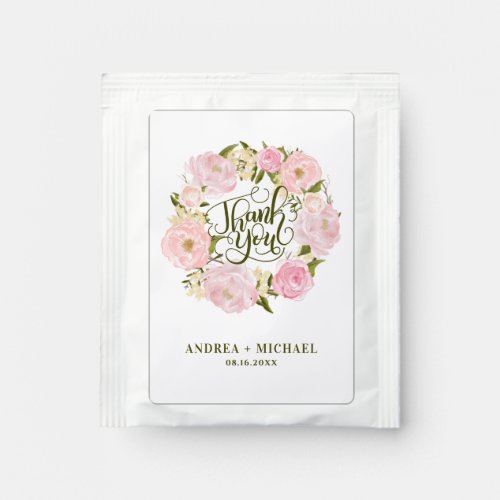 Watercolor Pink Peonies Wreath Wedding Thank You Tea Bag Drink Mix