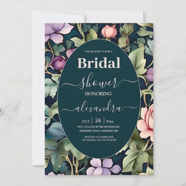 Watercolor Pink Peony  Art Nouveau Bridal Invitation (Front)