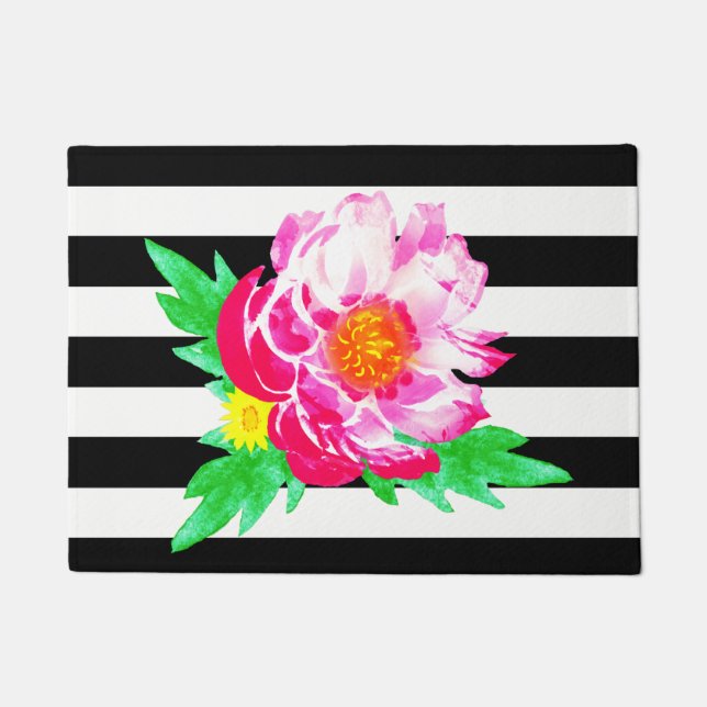 Watercolor Pink Peony Black & White Door Mat (Front)