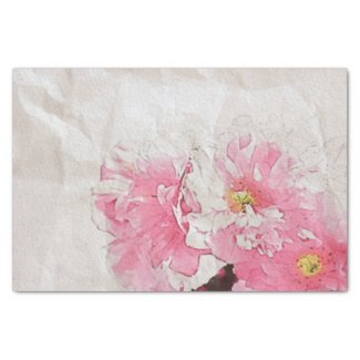 Watercolor Pink Peony Blossoms On Old Paper 