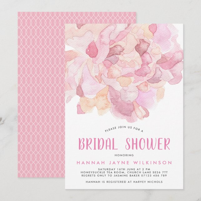 Watercolor Pink Peony Bridal Shower Invitation (Front/Back)