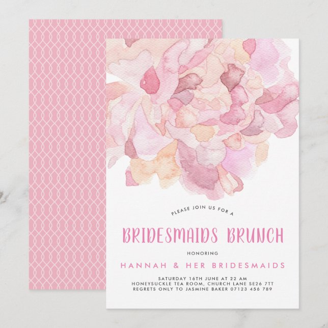 Watercolor Pink Peony Bridesmaids Brunch Invite (Front/Back)