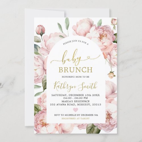 Watercolor Pink Peony Floral Arch Baby Brunch Invitation