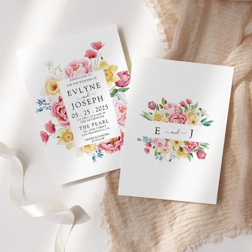 Watercolor Pink Peony Floral Border Unique Wedding Invitation