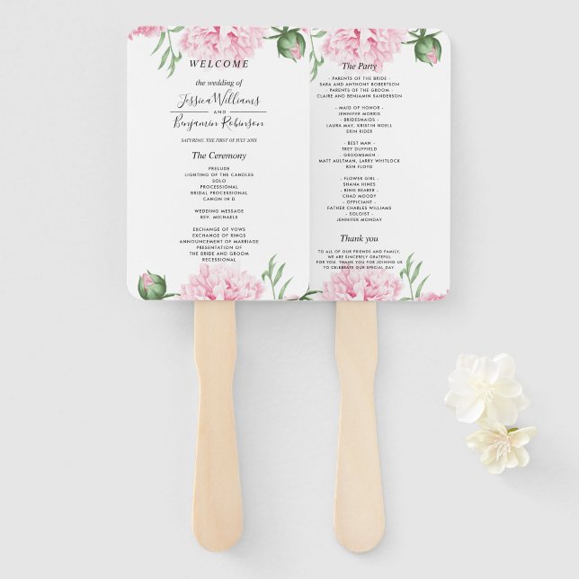 Watercolor Pink Peony Floral Wedding Hand Fan (Front and Back)