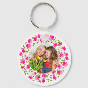 Watercolor Pink Peony Floral Wreath Monogram Keychain