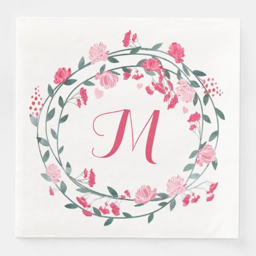 Watercolor Pink Peony Monogram Wreath Paper Dinner Napkins