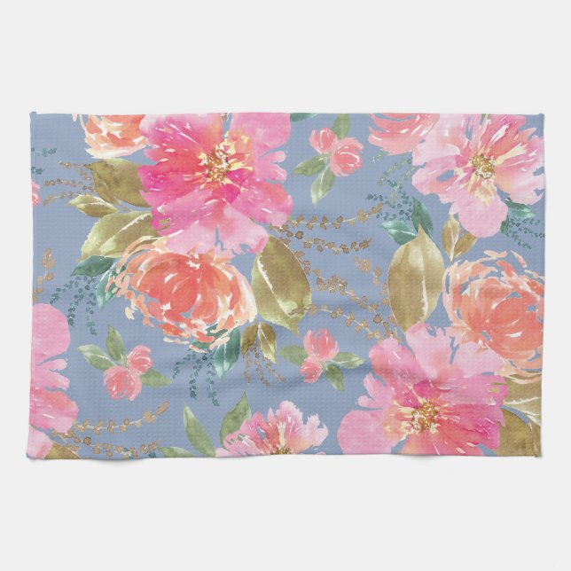 Watercolor Pink Peony Pattern Kitchen Towel (Horizontal)