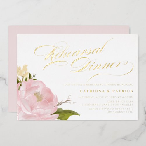 Watercolor Pink Peony Rehearsal Dinner Gold Foil Invitation