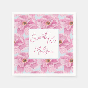 Watercolor Pink Peony Sweet 16 Party Napkins