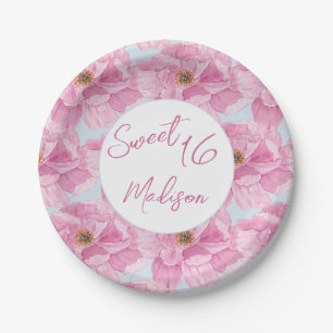 Watercolor Pink Peony Sweet 16 Party Paper Plates