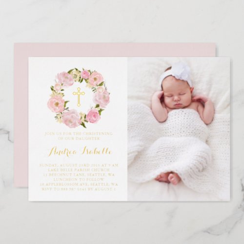 Watercolor Pink Peony Wreath Photo Christening Foil Invitation