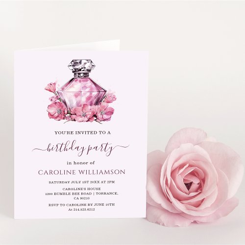 Watercolor Pink Perfume Flowers Birthday  Invitation