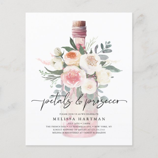 Watercolor Pink Petals & Prosecco Bridal Shower Flyer (Front)