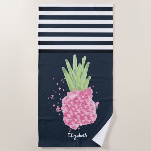Watercolor Pink Pineapple Blue Striped  Beach Towel