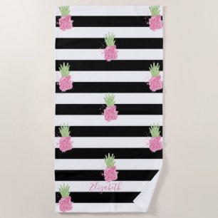 Watercolor Pink Pineapples, Black White Stripes   Beach Towel