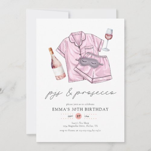 Watercolor Pink PJs  Prosecco Birthday Party Invitation