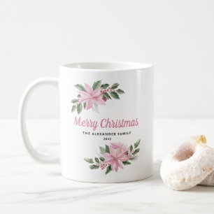 Watercolor Pink Poinsettia and Berries Christmas Coffee Mug