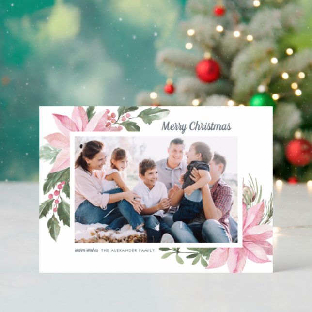 Watercolor Pink Poinsettia and Holly Christmas Letterpress Photo Cards (Front (Into))