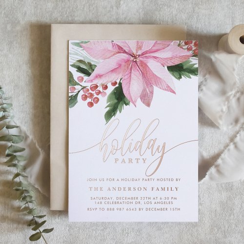 Watercolor Pink Poinsettia and Holly Holiday Party Foil Invitation