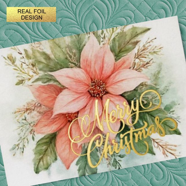 Watercolor Pink Poinsettia Christmas Foil Holiday Card (Creator Uploaded)