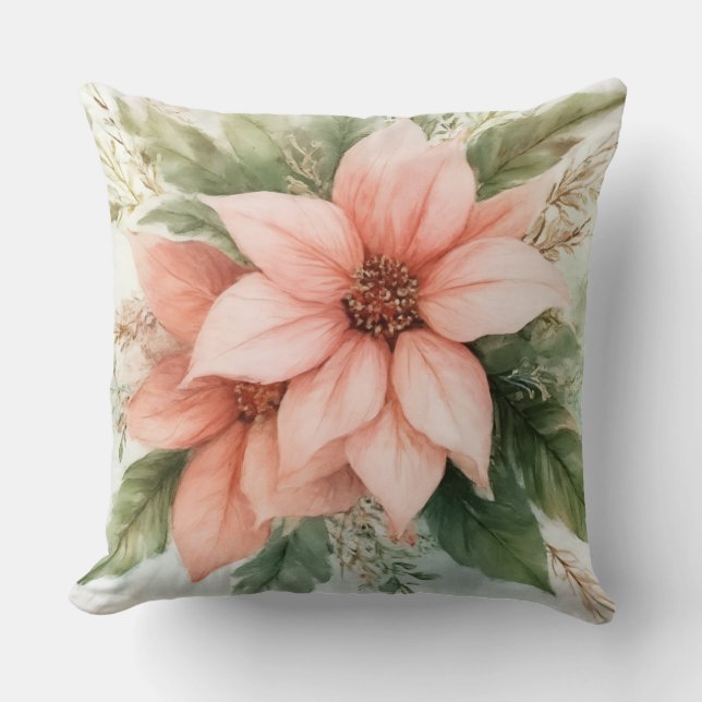 Watercolor Pink Poinsettia Christmas Throw Pillow (Front)
