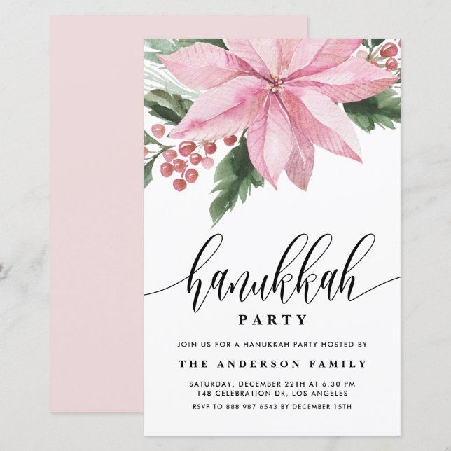 Watercolor Pink Poinsettia Hanukkah Invitation (Front/Back)