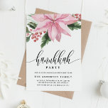 Watercolor Pink Poinsettia Holly Hanukkah Party Invitation<br><div class="desc">Invite guests to your event with this customizable holiday party invitation. It features watercolour pink poinsettia and holly. Personalize this poinsettia invitation by adding your event details. This floral holiday party invitation is available on other cardstock.</div>