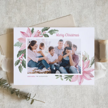 Watercolor Pink Poinsettia Merry Christmas Photo Holiday Card by misstallulah at Zazzle
