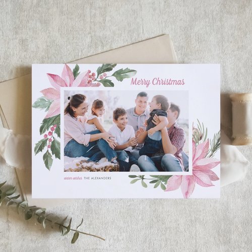 Watercolor Pink Poinsettia Merry Christmas Photo Holiday Card