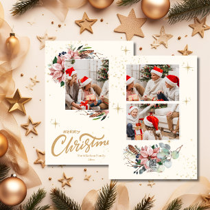 Watercolor Pink Poinsettia Merry Christmas Photo Holiday Card