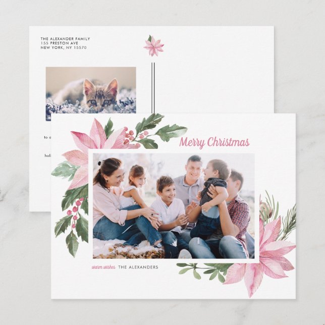 Watercolor Pink Poinsettia Merry Christmas Photo Holiday Postcard (Front/Back)