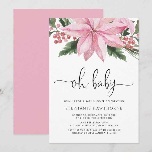 Watercolor Pink Poinsettia Winter Baby Shower Invitation (Front/Back)