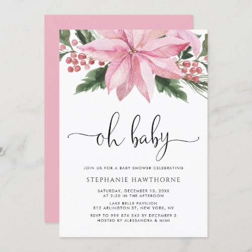 Watercolor Pink Poinsettia Winter Baby Shower Invitation