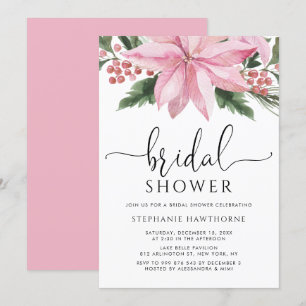 Watercolor Pink Poinsettia Winter Bridal Shower Invitation