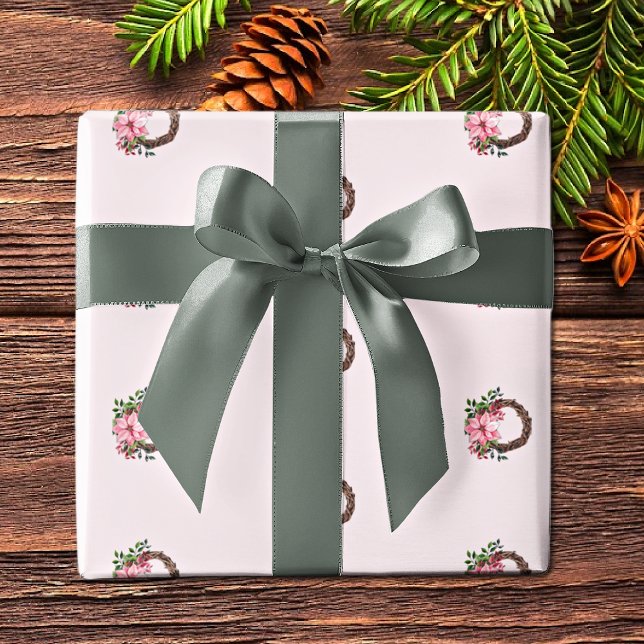 Watercolor Pink Poinsettia Wreath Pattern Wrapping Paper (Creator Uploaded)