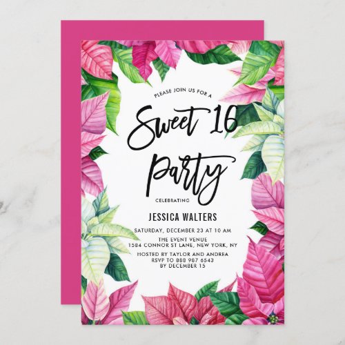 Watercolor Pink Poinsettias Floral Sweet 16 Party Invitation