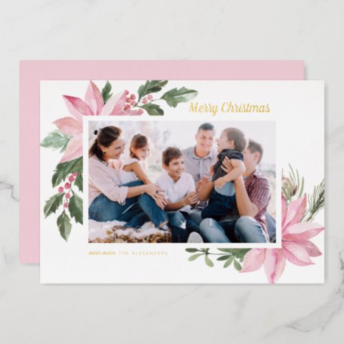 Watercolor Pink Poinsettias Merry Christmas Photo Foil Holiday Card