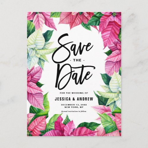Watercolor Pink Poinsettias Winter Save the Date Postcard