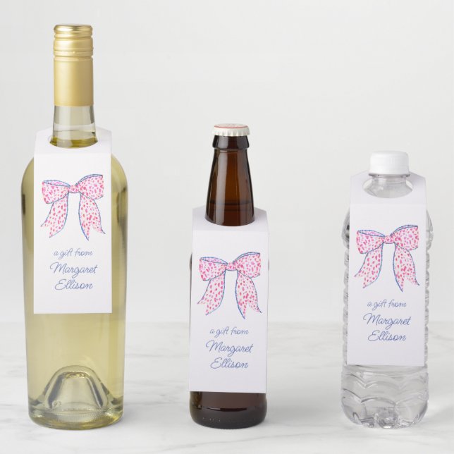 Watercolor Pink Polka Dot Bow Bottle Hanger Tag (In Situ)