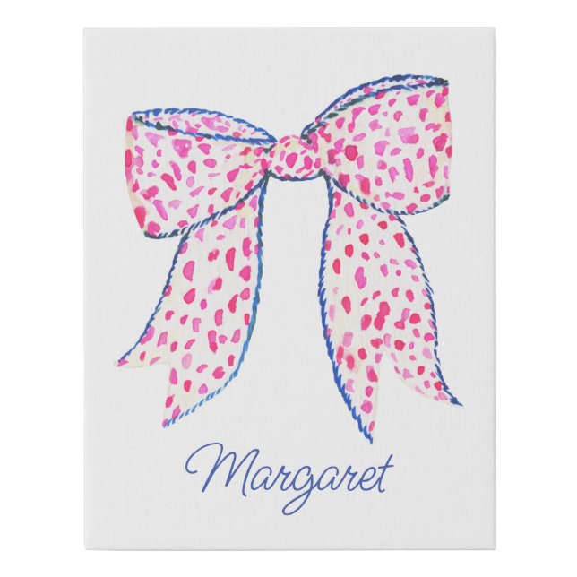Watercolor Pink Polka Dot Bow Faux Canvas Print (Front)