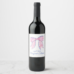 Watercolor Pink Polka Dot Bow Wine Label